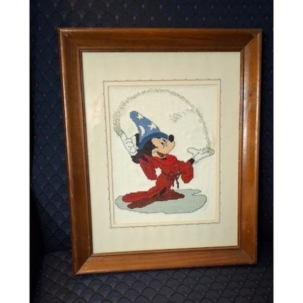 Vintage Disney Mickey Mouse Sorcerer Apprentice Cross Stitch Framed Art Fantasia